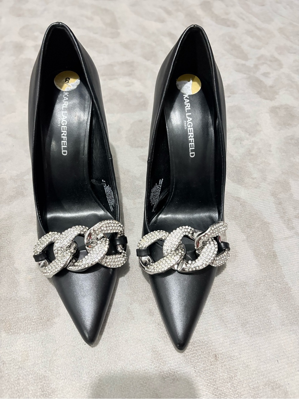 Karl Lagerfeld Black Pointed Pumps with Crystal Chain Link